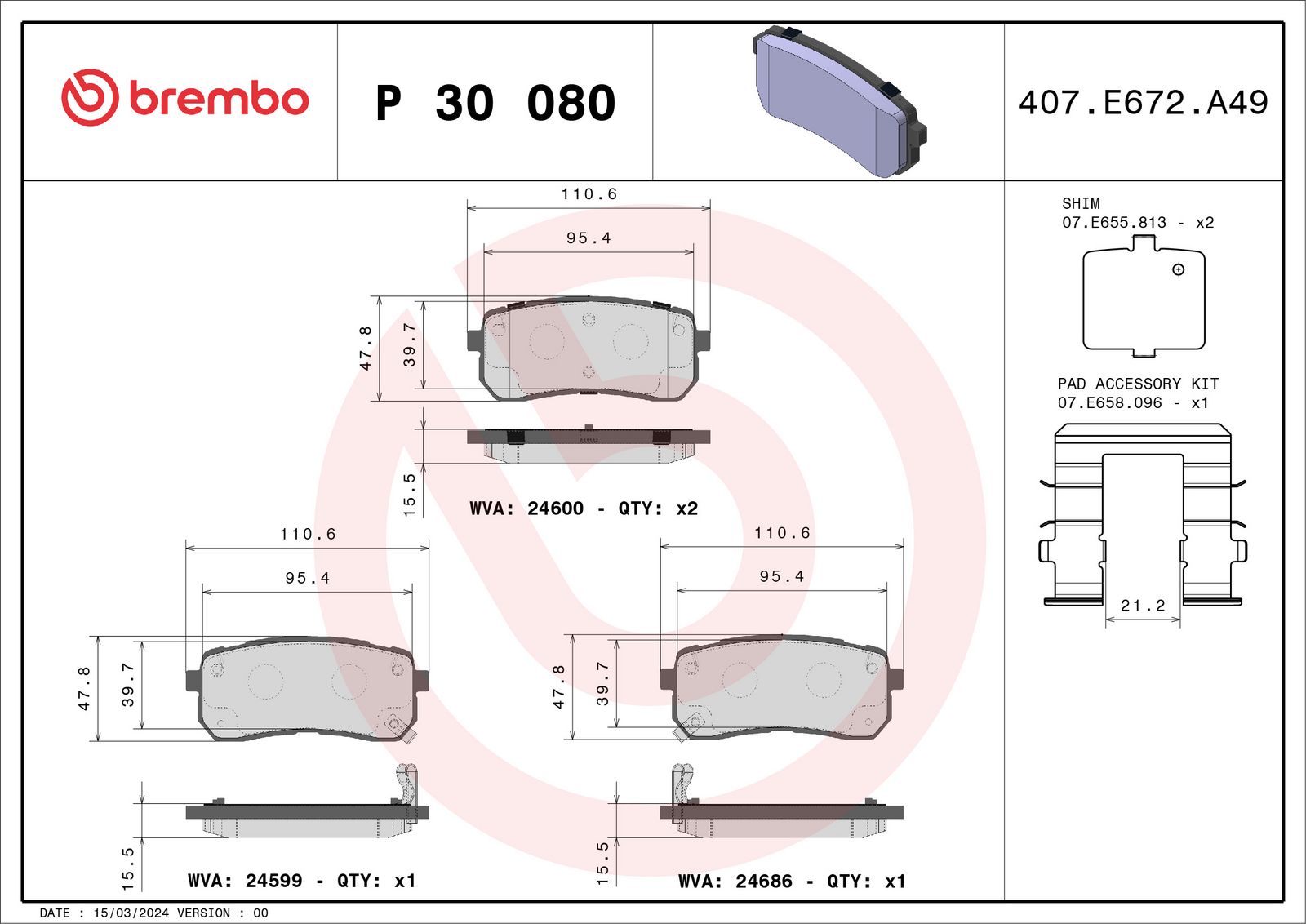 Sada brzdových destiček, kotoučová brzda BREMBO P 30 080