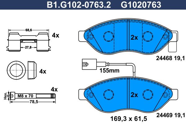 Zestaw klocków hamulcowych, hamulce tarczowe GALFER B1.G102-0763.2