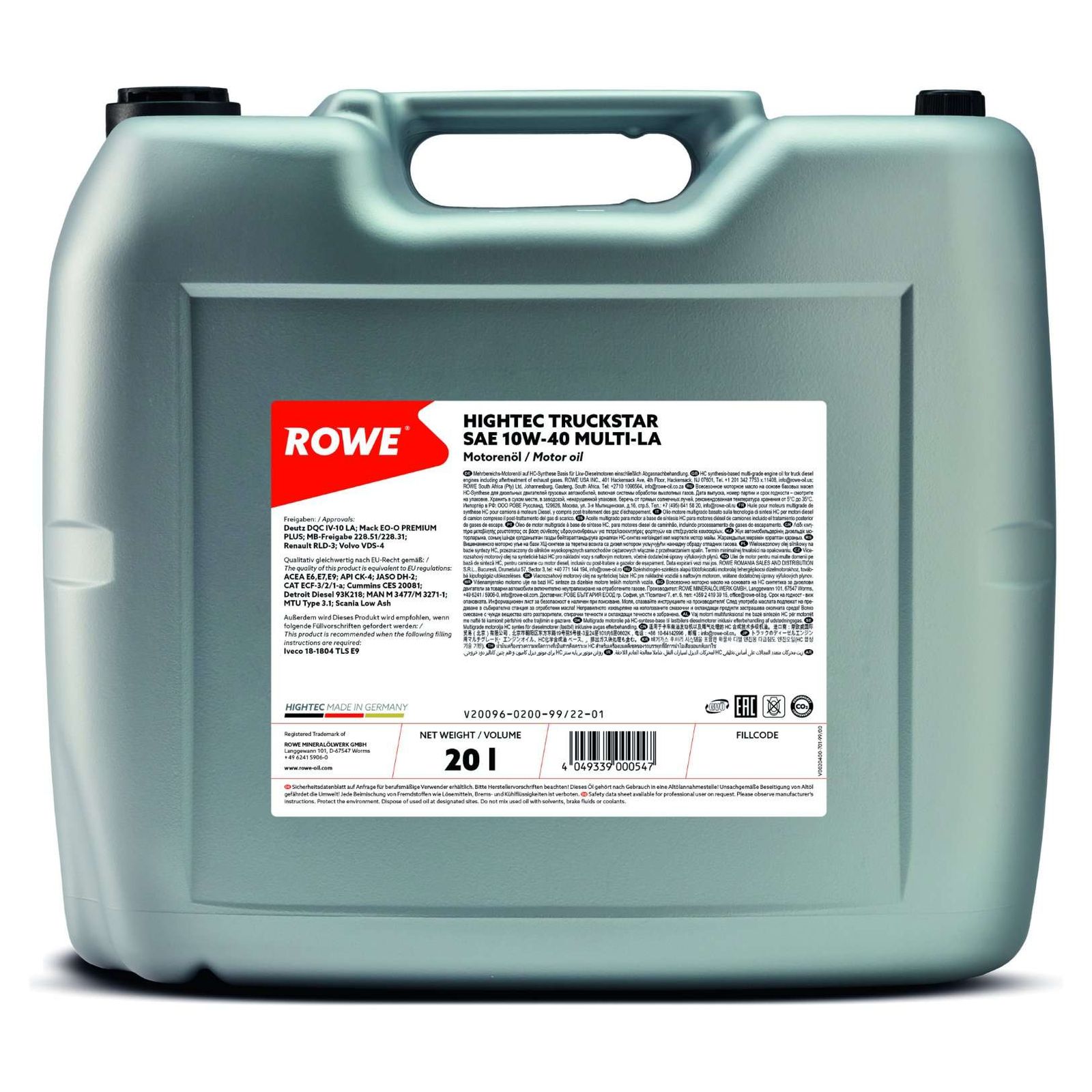 ulei de motor ROWE HIGHTEC TRUCKSTAR SAE 10W-40 MULTI-LA 20096-0200-99
