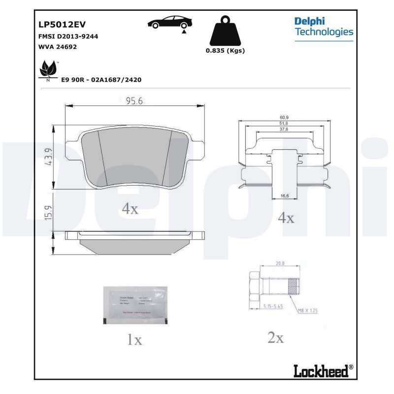 Zestaw klocków hamulcowych, hamulce tarczowe DELPHI LP5012EV