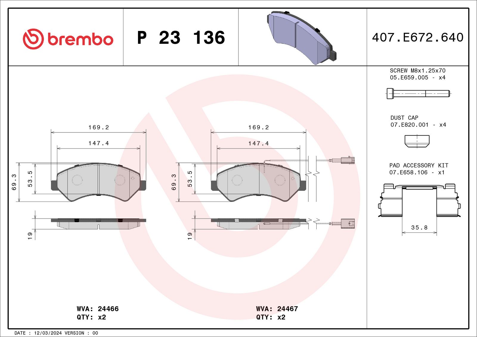 Sada brzdových platničiek kotúčovej brzdy BREMBO P 23 136