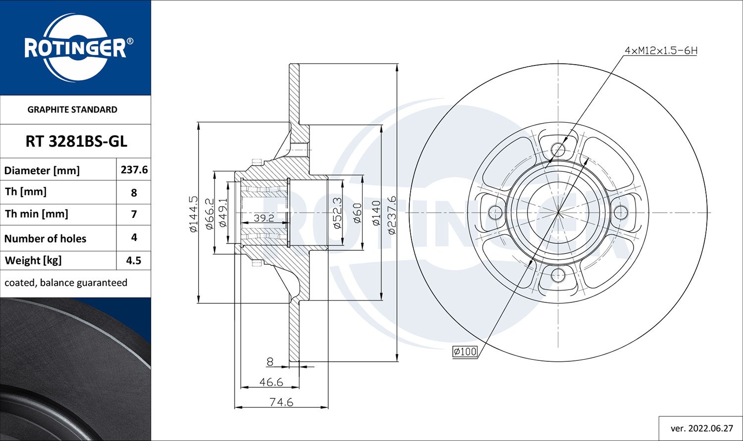 Tarcza hamulcowa ROTINGER RT 3281BS-GL