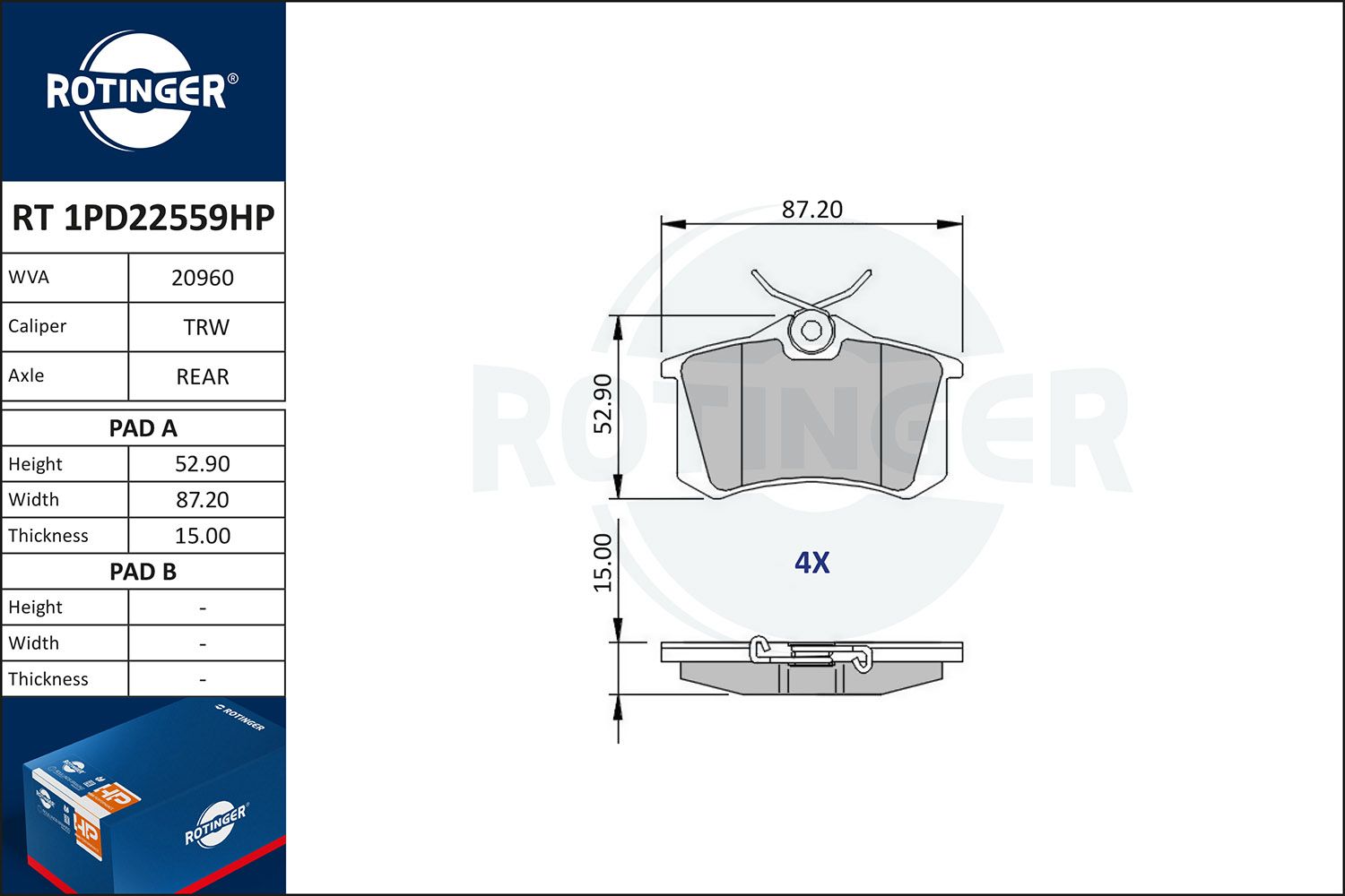 Zestaw klocków hamulcowych, hamulce tarczowe ROTINGER RT1PD22559HP