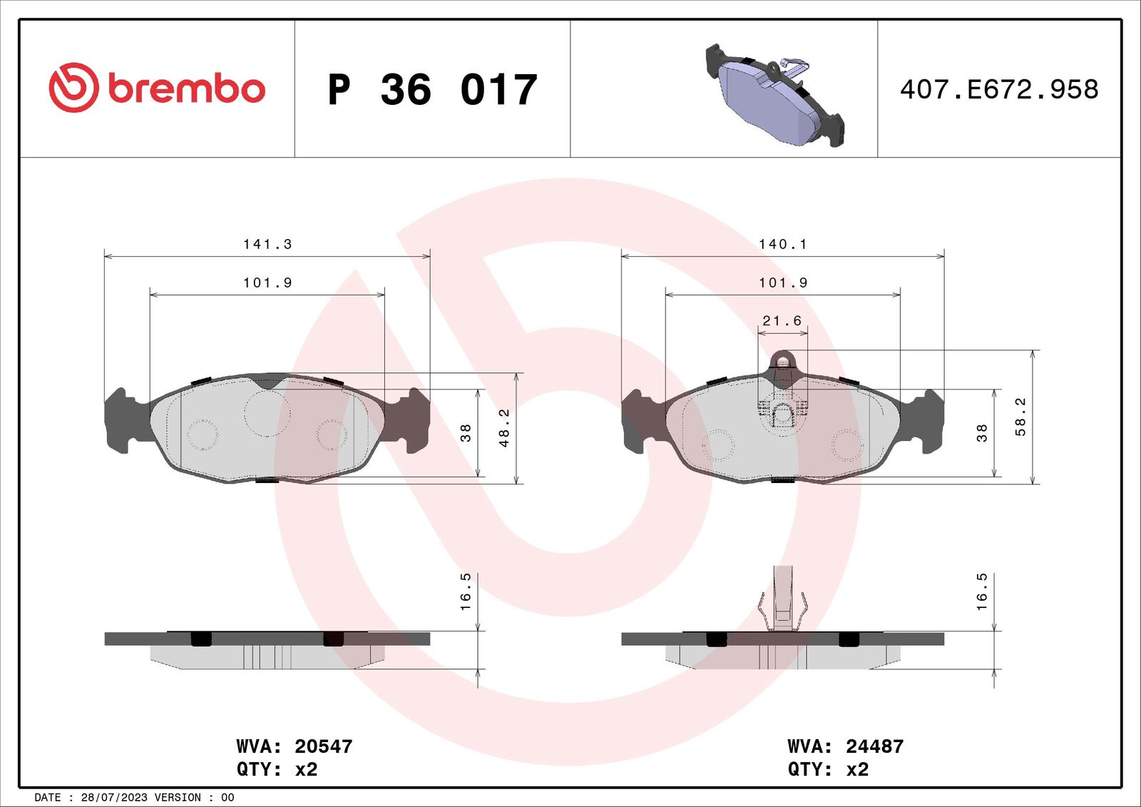 Sada brzdových platničiek kotúčovej brzdy BREMBO P 36 017