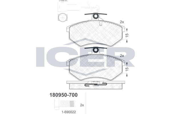 Zestaw klocków hamulcowych, hamulce tarczowe ICER 180950-700