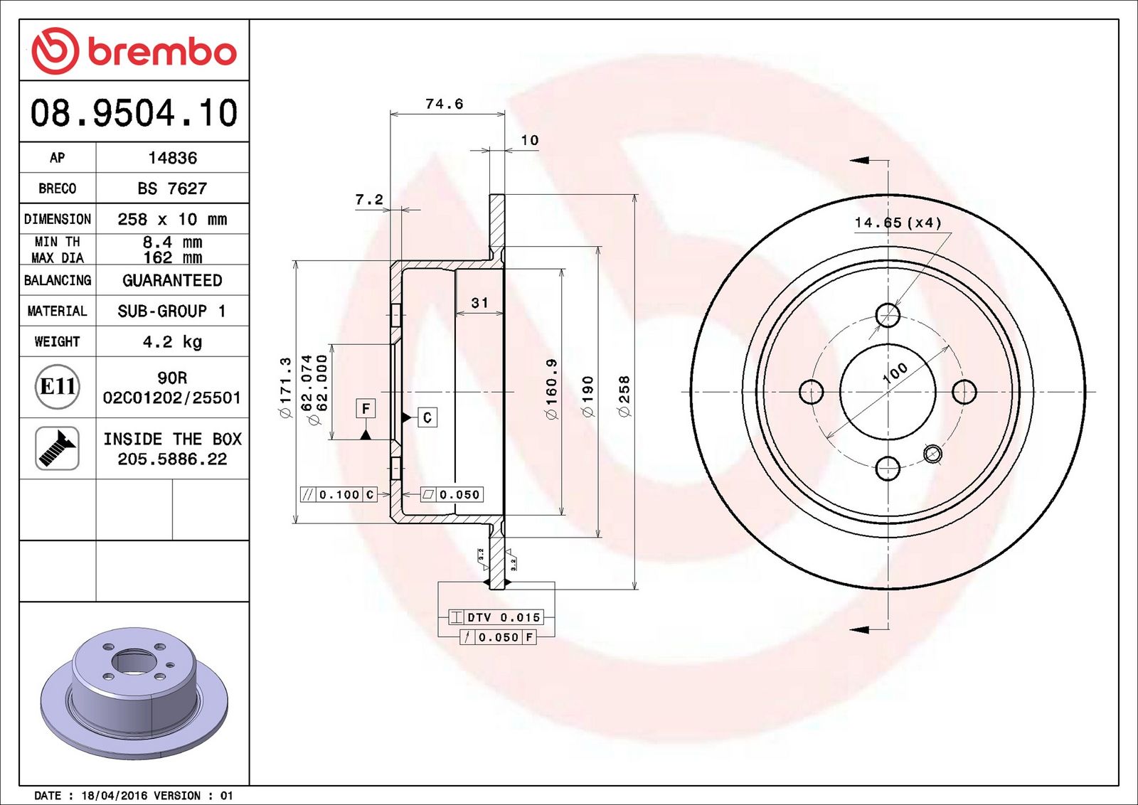 Levně Brzdový kotouč BREMBO 08.9504.10
