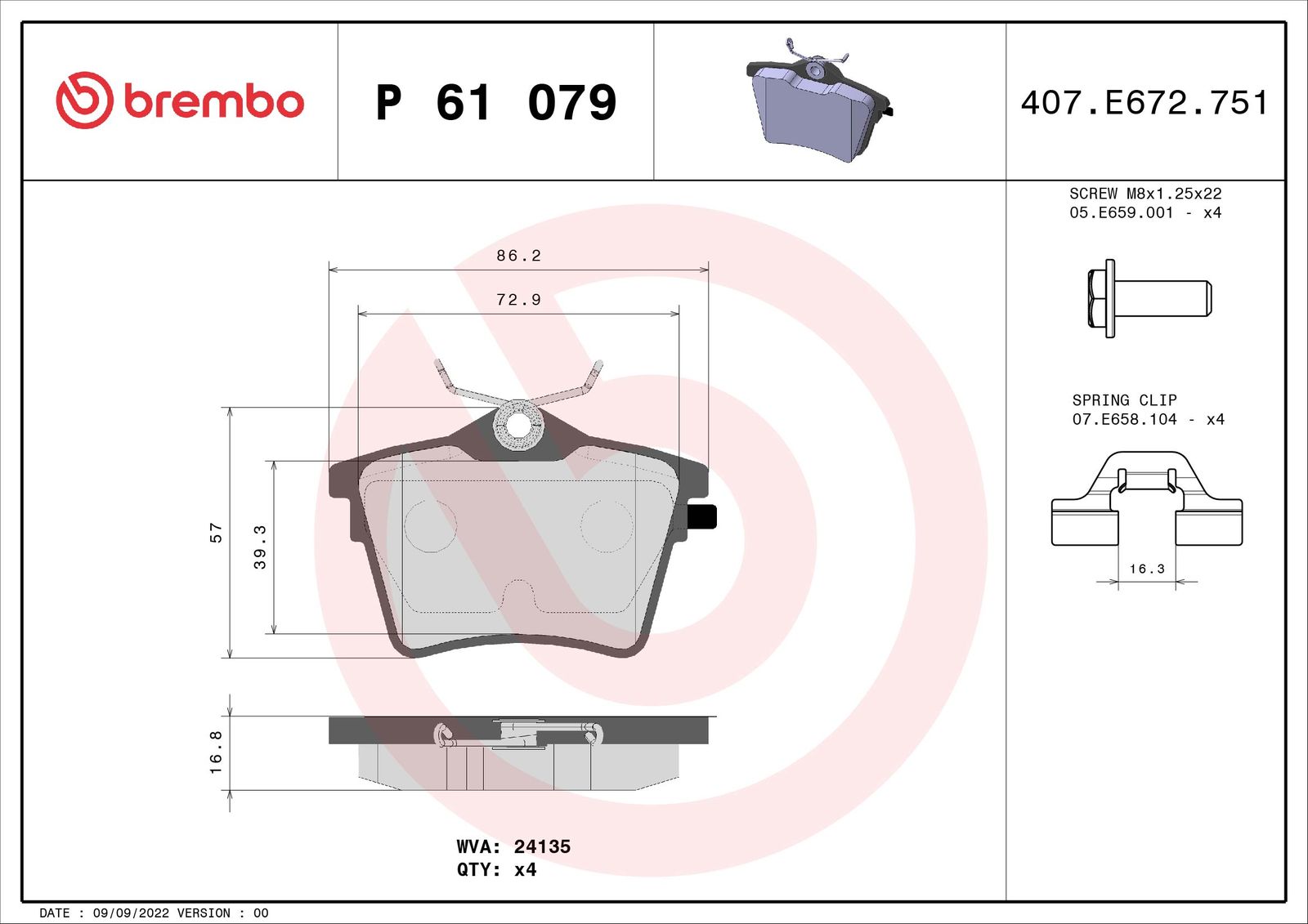 Sada brzdových platničiek kotúčovej brzdy BREMBO P 61 079