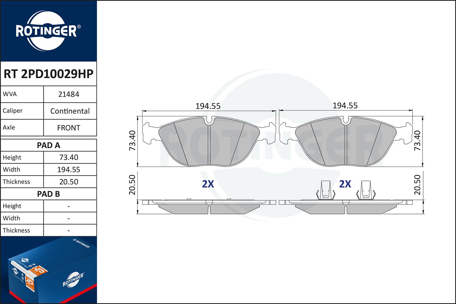 Zestaw klocków hamulcowych, hamulce tarczowe ROTINGER RT2PD10029HP