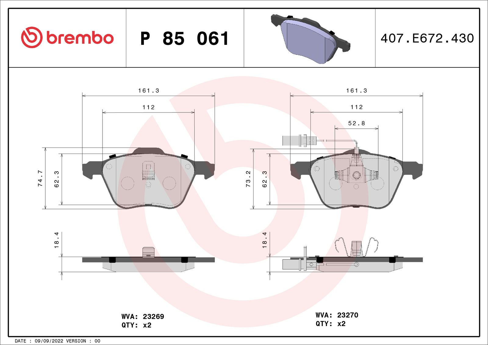 Sada brzdových platničiek kotúčovej brzdy BREMBO P 85 061