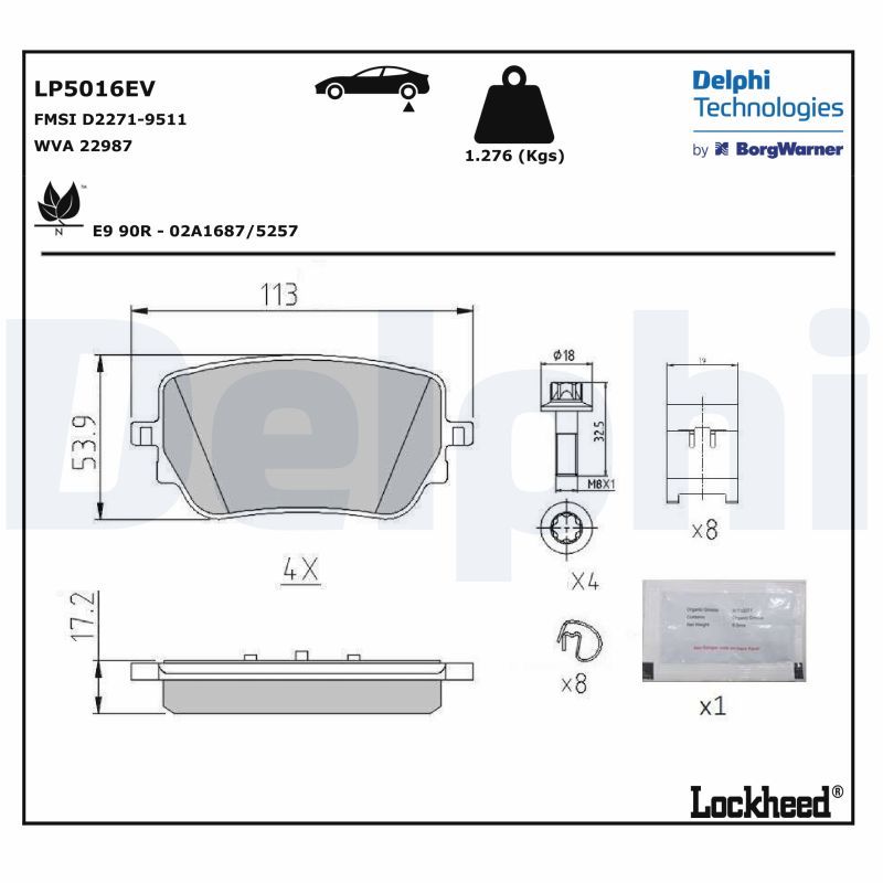 Zestaw klocków hamulcowych, hamulce tarczowe DELPHI LP5016EV