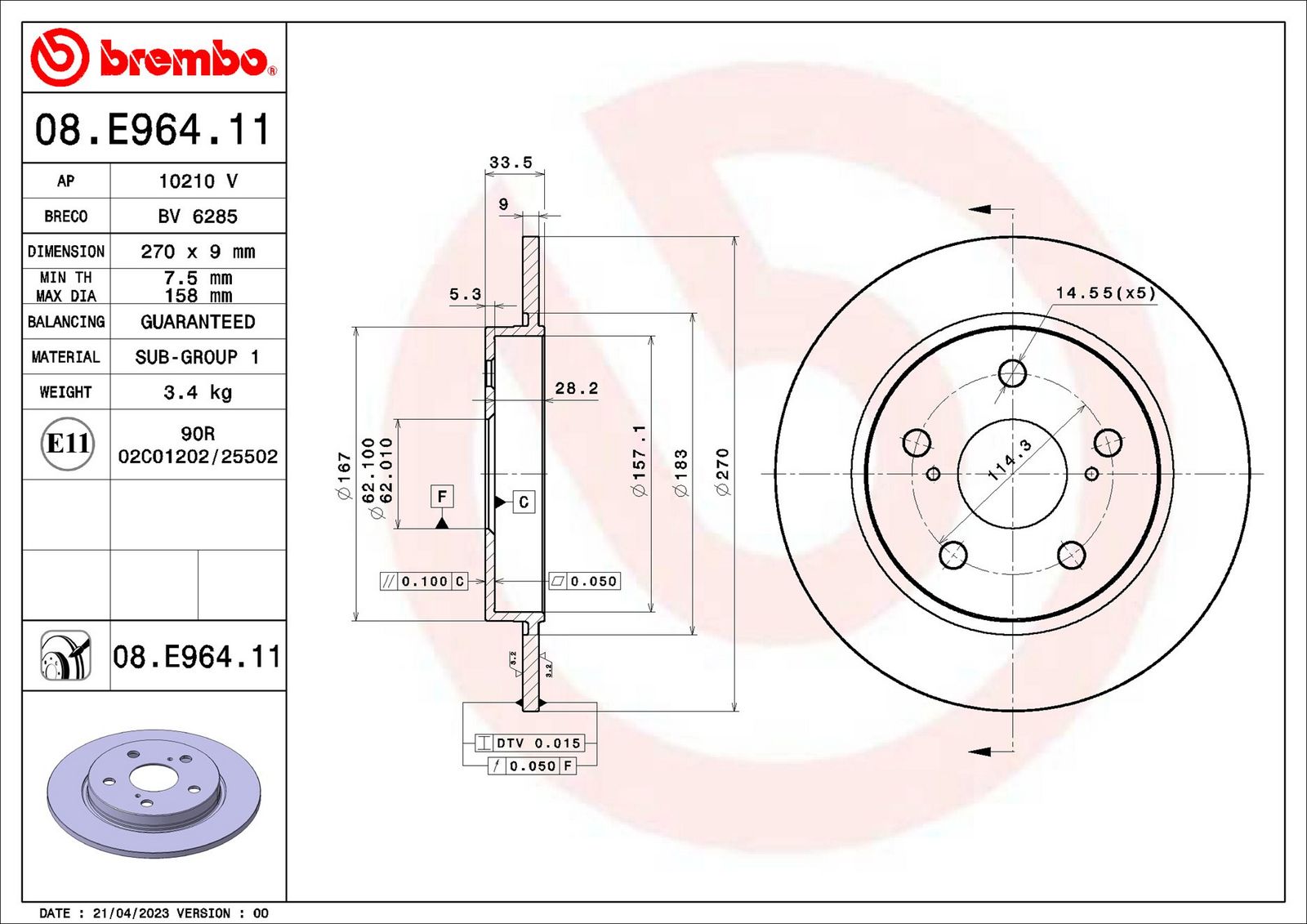 Disc frana BREMBO 08.E964.11