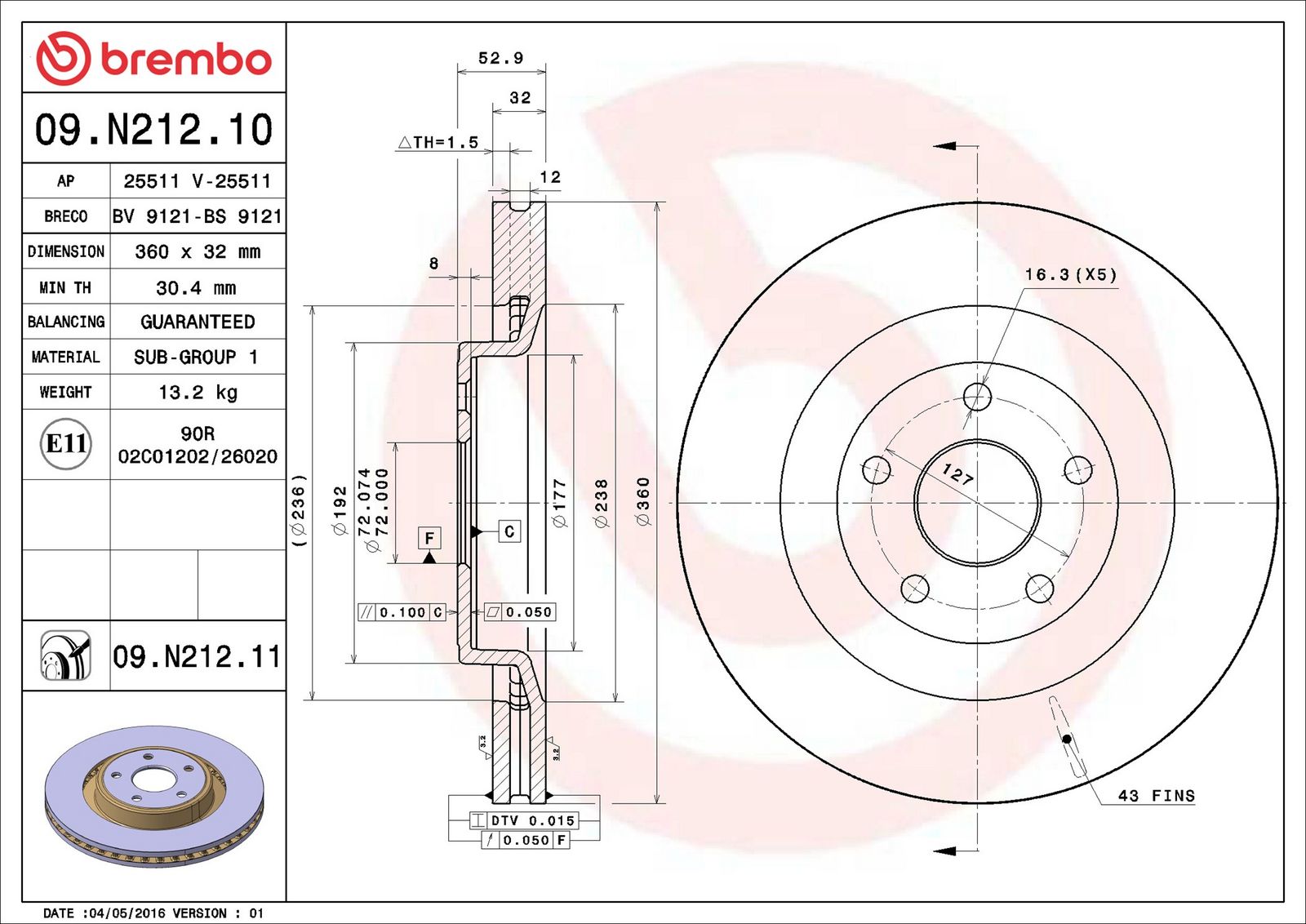 Levně Brzdový kotouč BREMBO 09.N212.11