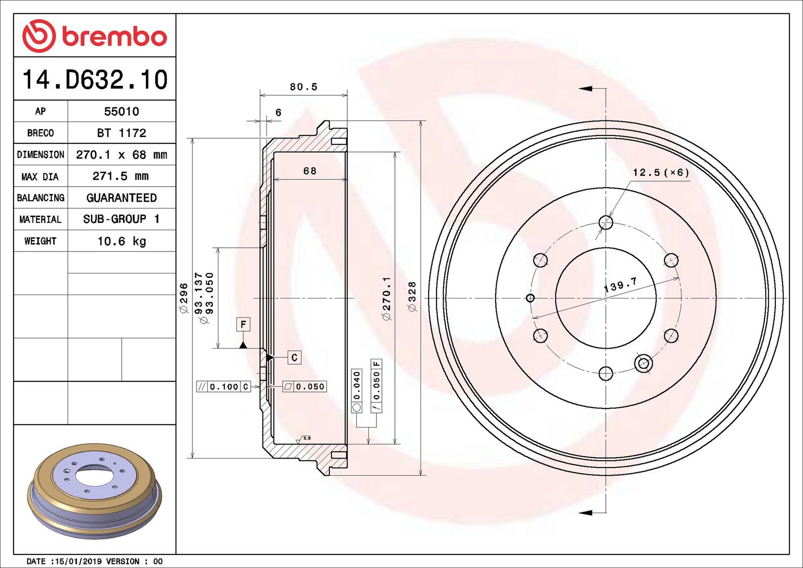 Levně Brzdový buben BREMBO 14.D632.10