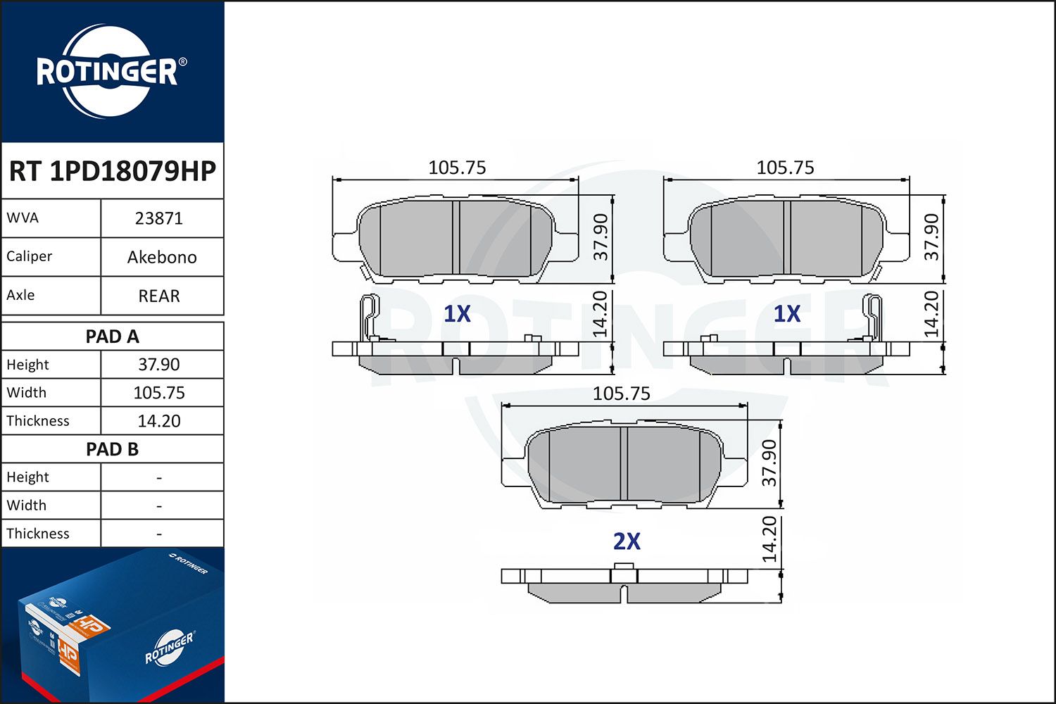 Zestaw klocków hamulcowych, hamulce tarczowe ROTINGER RT1PD18079HP