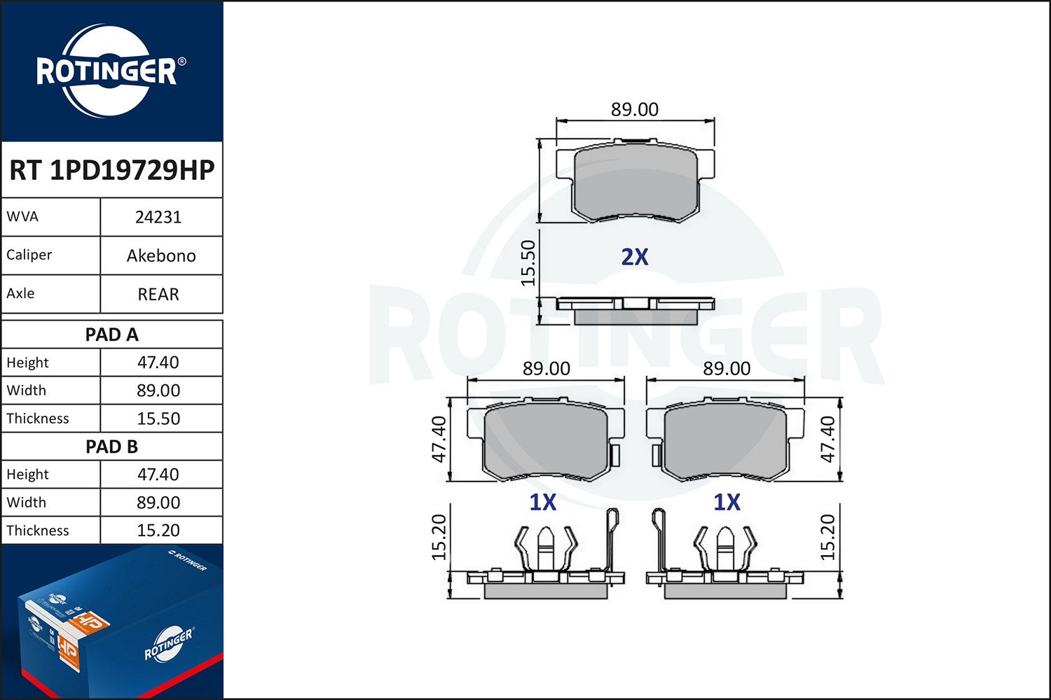 Zestaw klocków hamulcowych, hamulce tarczowe ROTINGER RT1PD19729HP