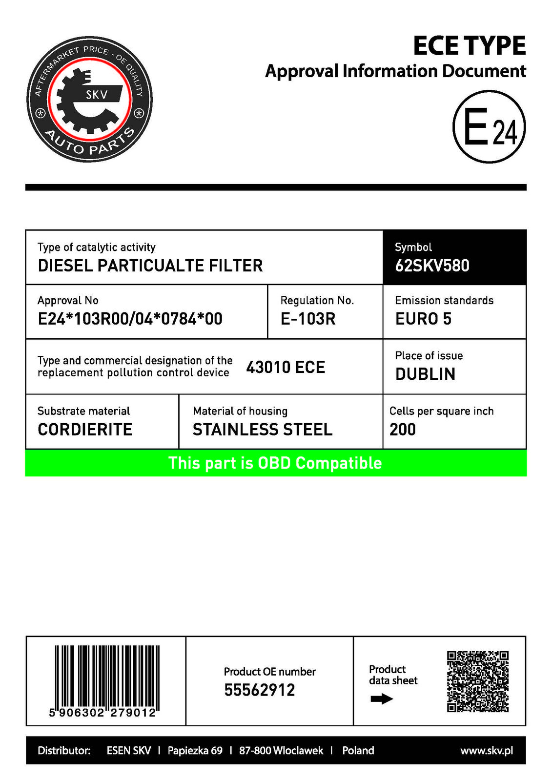 Filtru funingine/particule, sist.de esapament ESEN SKV 62SKV580