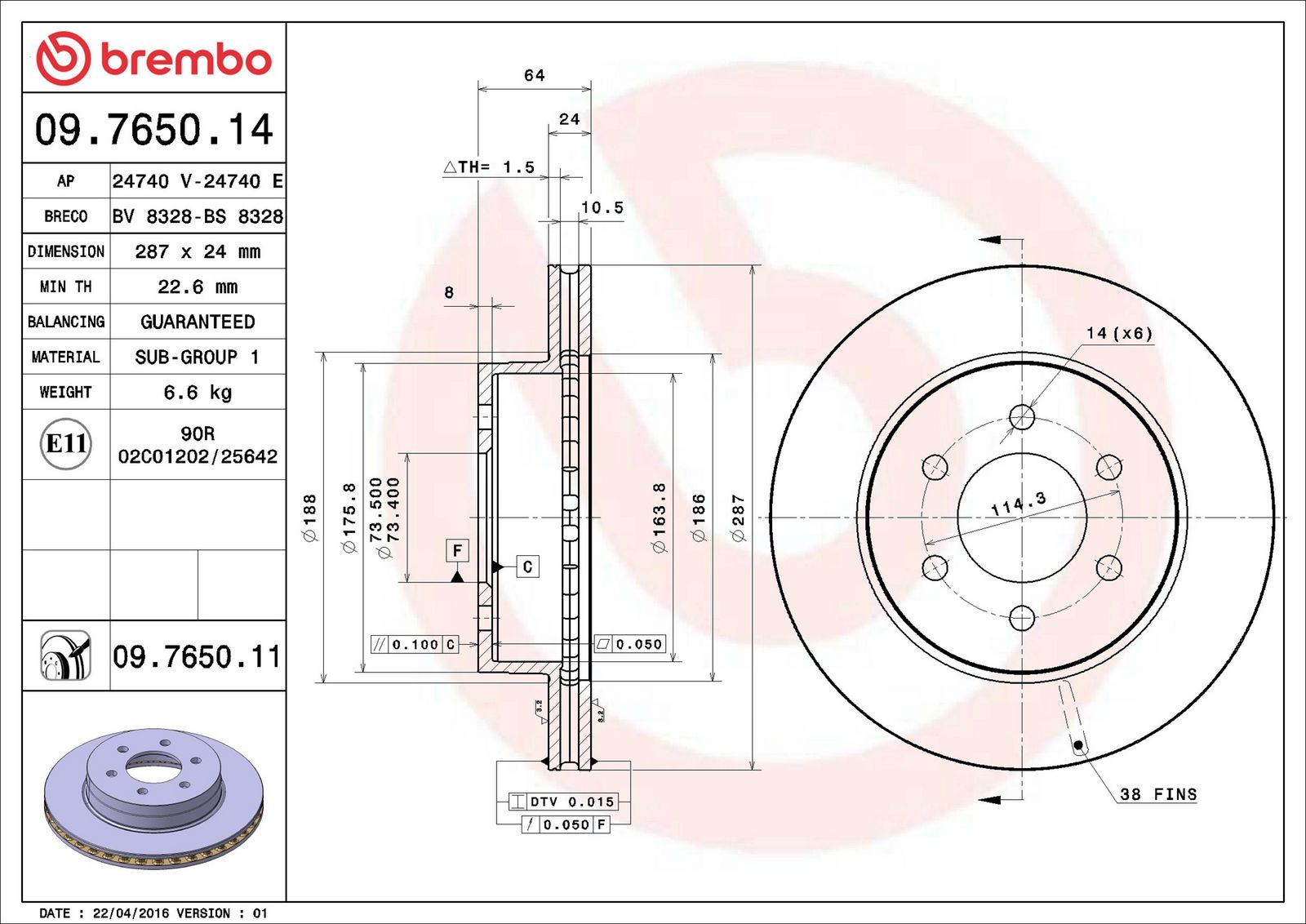 Levně Brzdový kotouč BREMBO 09.7650.11