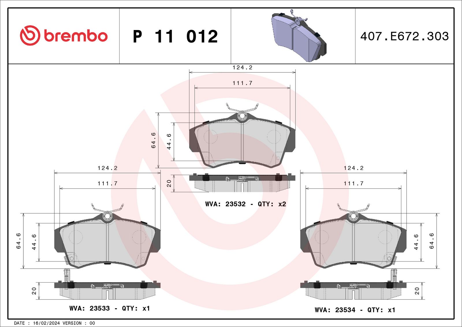 Sada brzdových destiček, kotoučová brzda BREMBO P 11 012