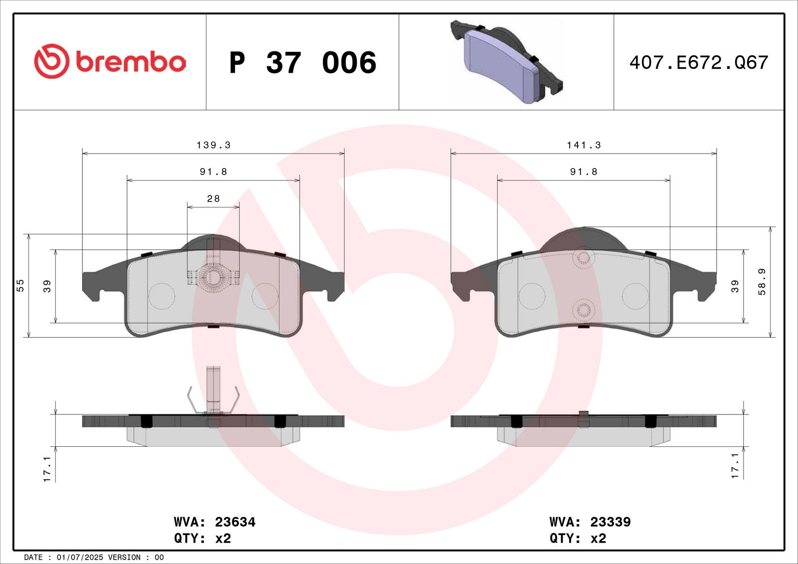 Levně Sada brzdových destiček, kotoučová brzda BREMBO P 37 006