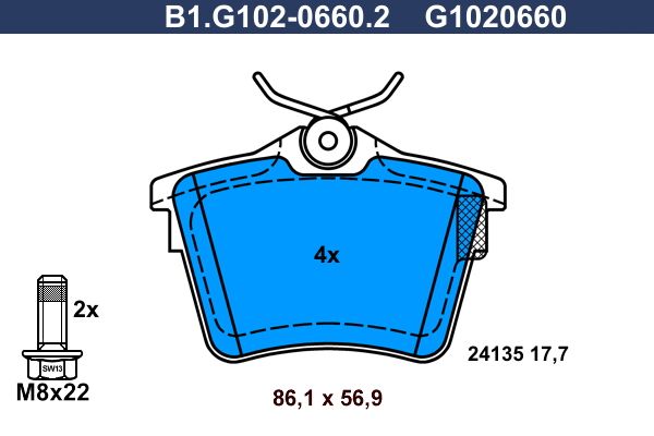 Zestaw klocków hamulcowych, hamulce tarczowe GALFER B1.G102-0660.2