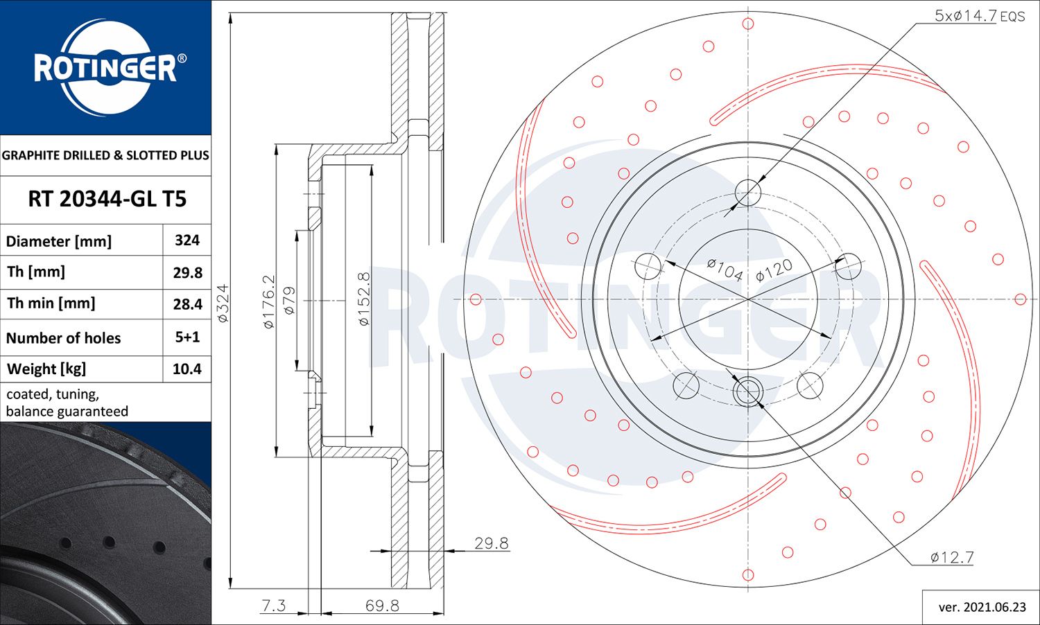 Disc frana ROTINGER GRAPHITE DRILLED & SLOTTED PLUS RT 20344-GL T5
