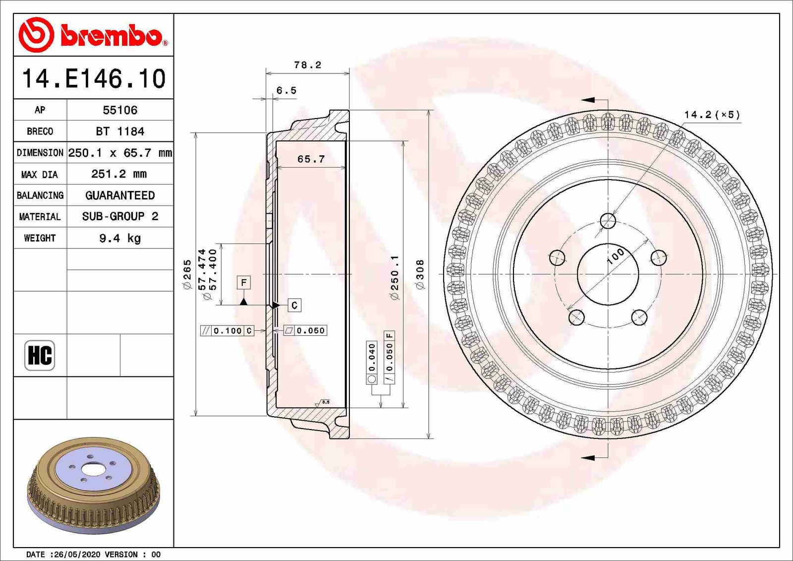 Bęben hamulcowy BREMBO 14.E146.10