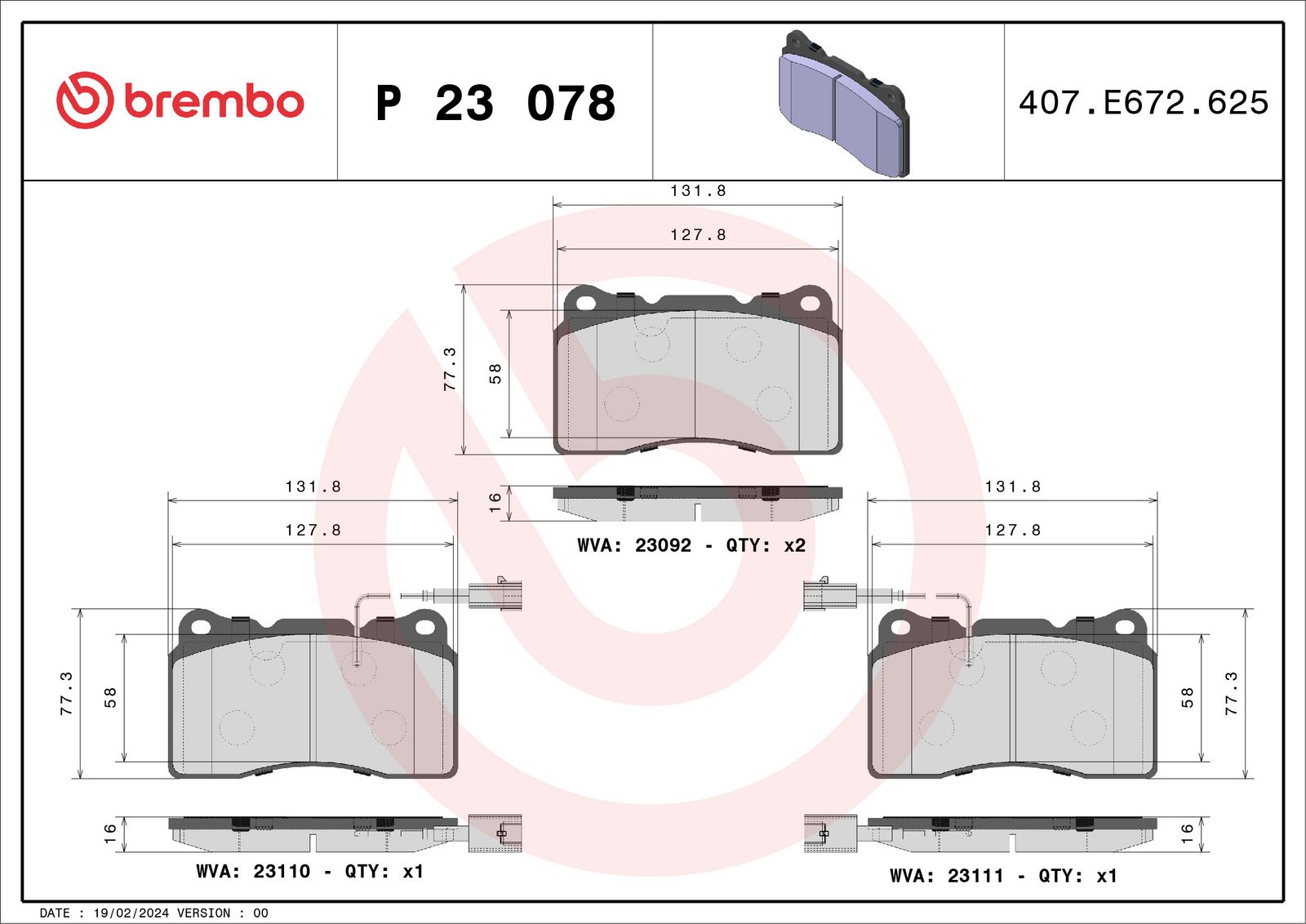 Sada brzdových destiček, kotoučová brzda BREMBO P 23 078