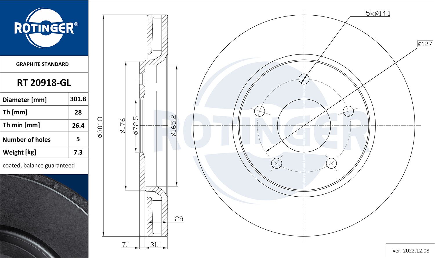 Tarcza hamulcowa ROTINGER RT 20918-GL
