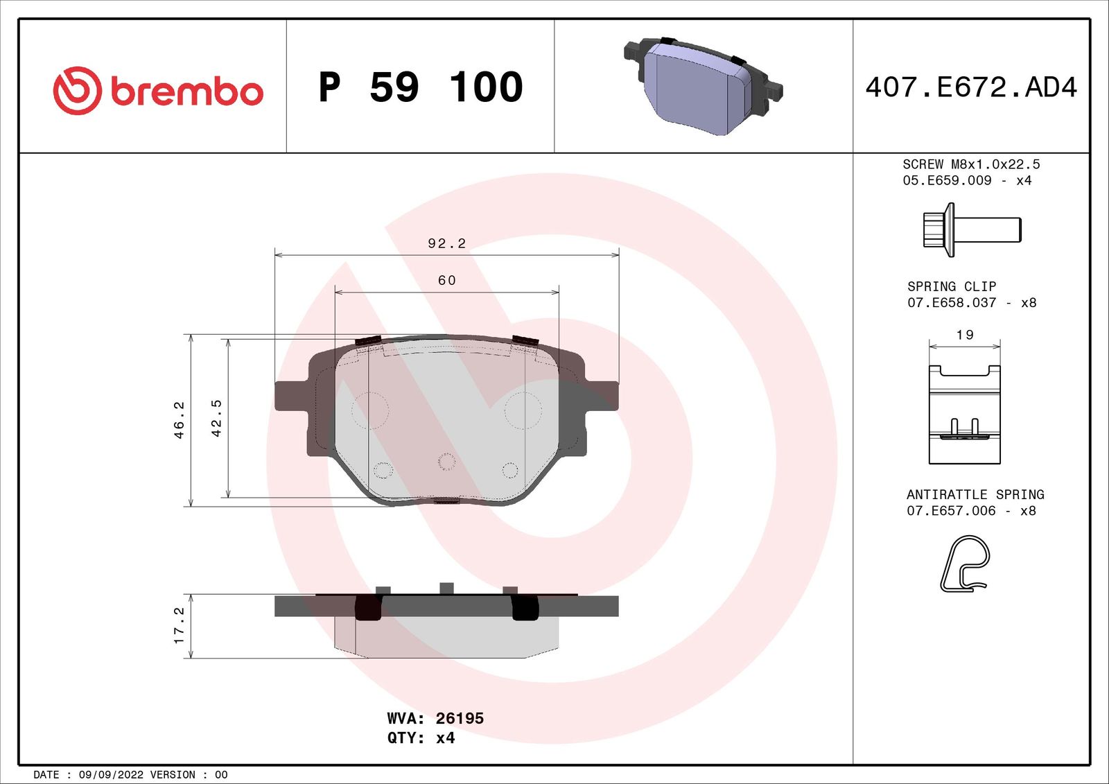 Zestaw klocków hamulcowych, hamulce tarczowe BREMBO P 59 100