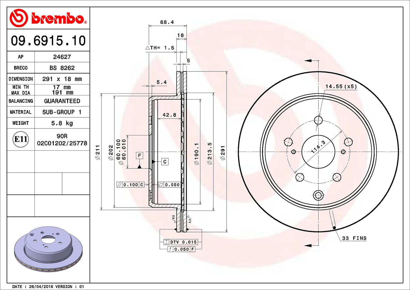 Brzdový kotouč BREMBO 09.6915.10