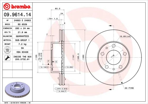 Brzdový kotúč BREMBO 09.9614.14