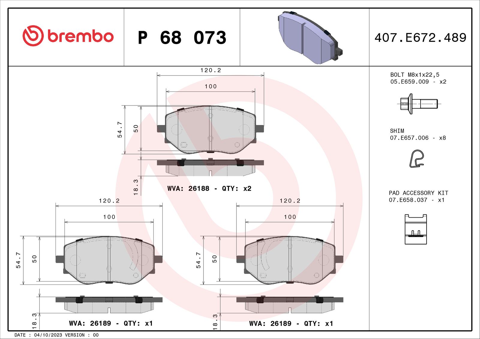 Zestaw klocków hamulcowych, hamulce tarczowe BREMBO P 68 073