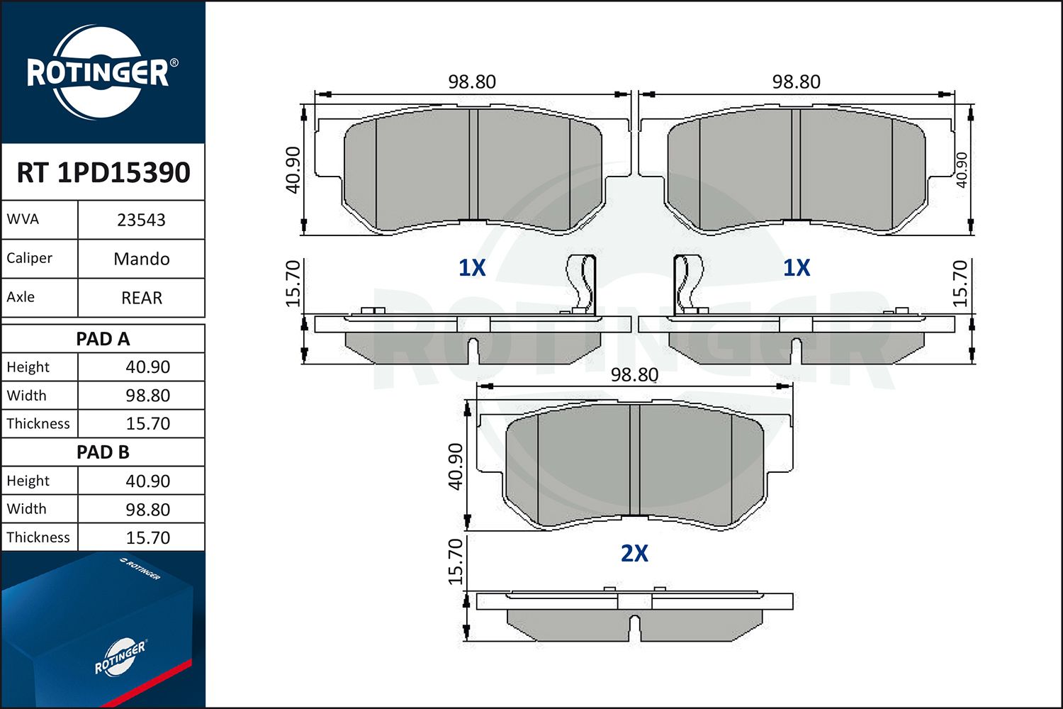 Zestaw klocków hamulcowych, hamulce tarczowe ROTINGER RT 1PD15390