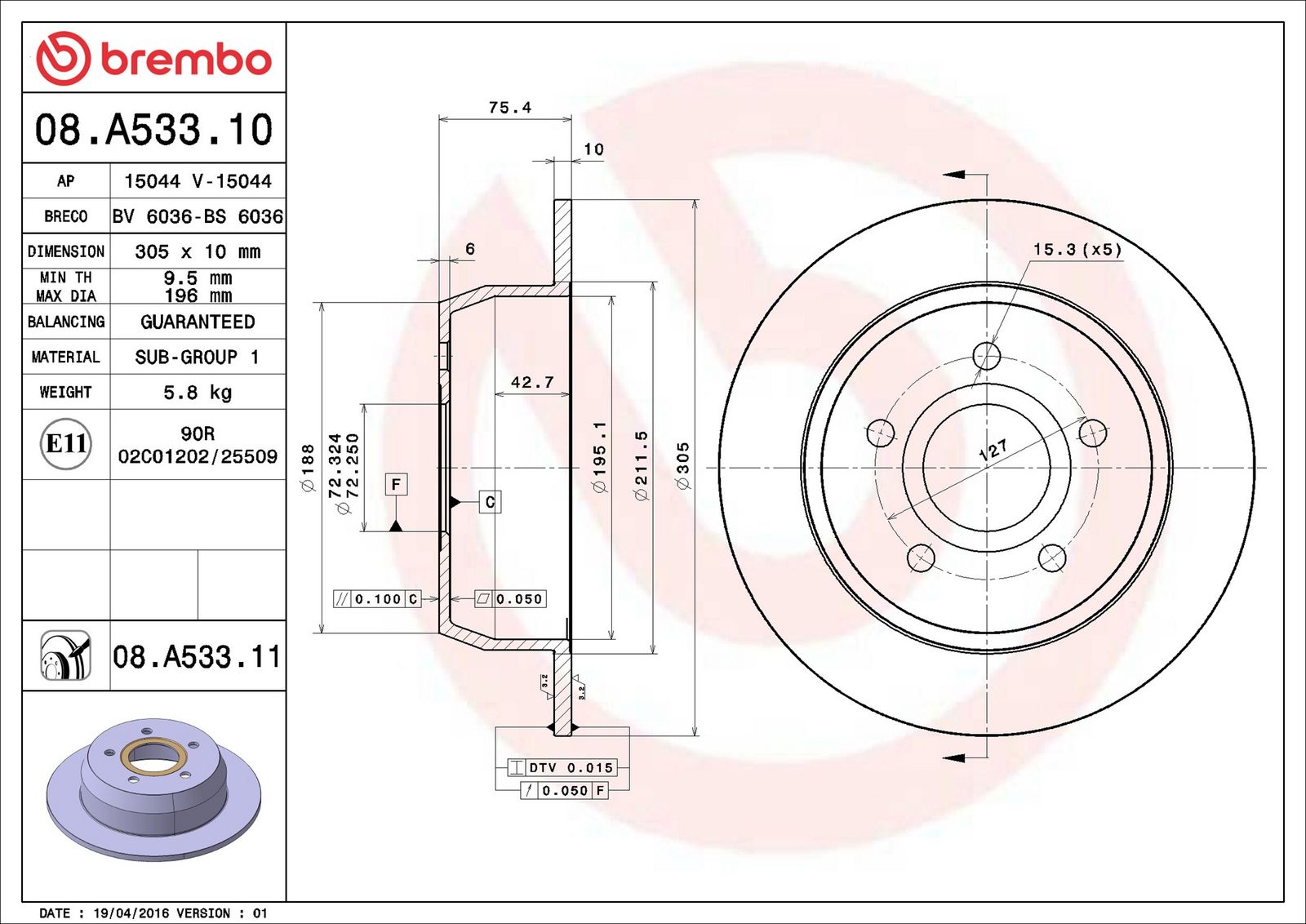 Levně Brzdový kotouč BREMBO 08.A533.11