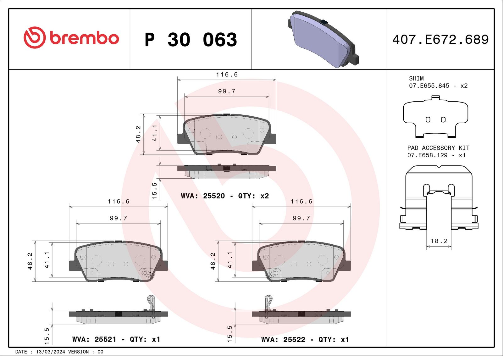 Sada brzdových destiček, kotoučová brzda BREMBO P 30 063