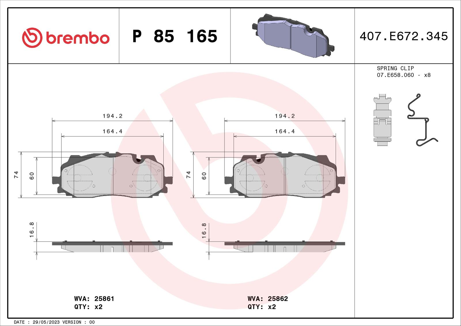 Sada brzdových platničiek kotúčovej brzdy BREMBO P 85 165