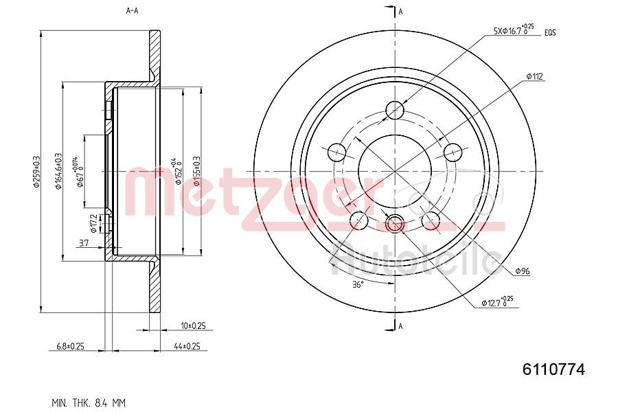 Tarcza hamulcowa METZGER AUTOTEILE 6110774