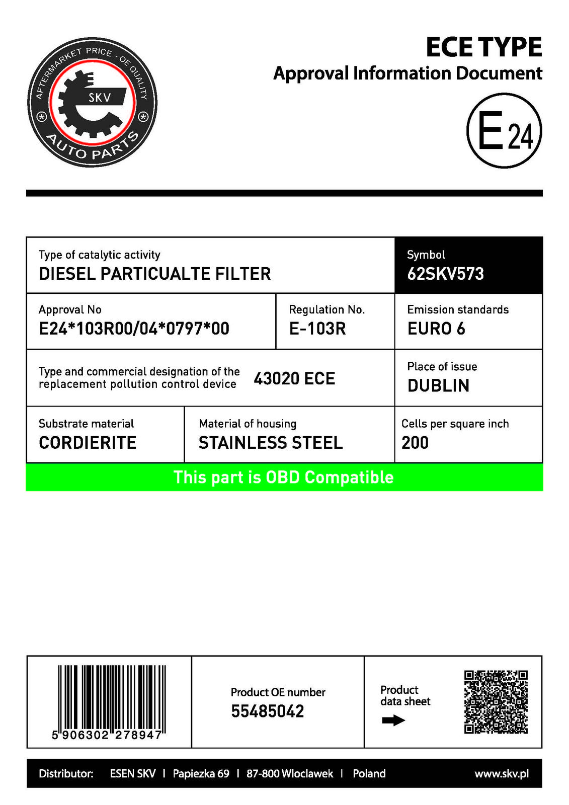 Filtru funingine/particule, sist.de esapament ESEN SKV 62SKV573