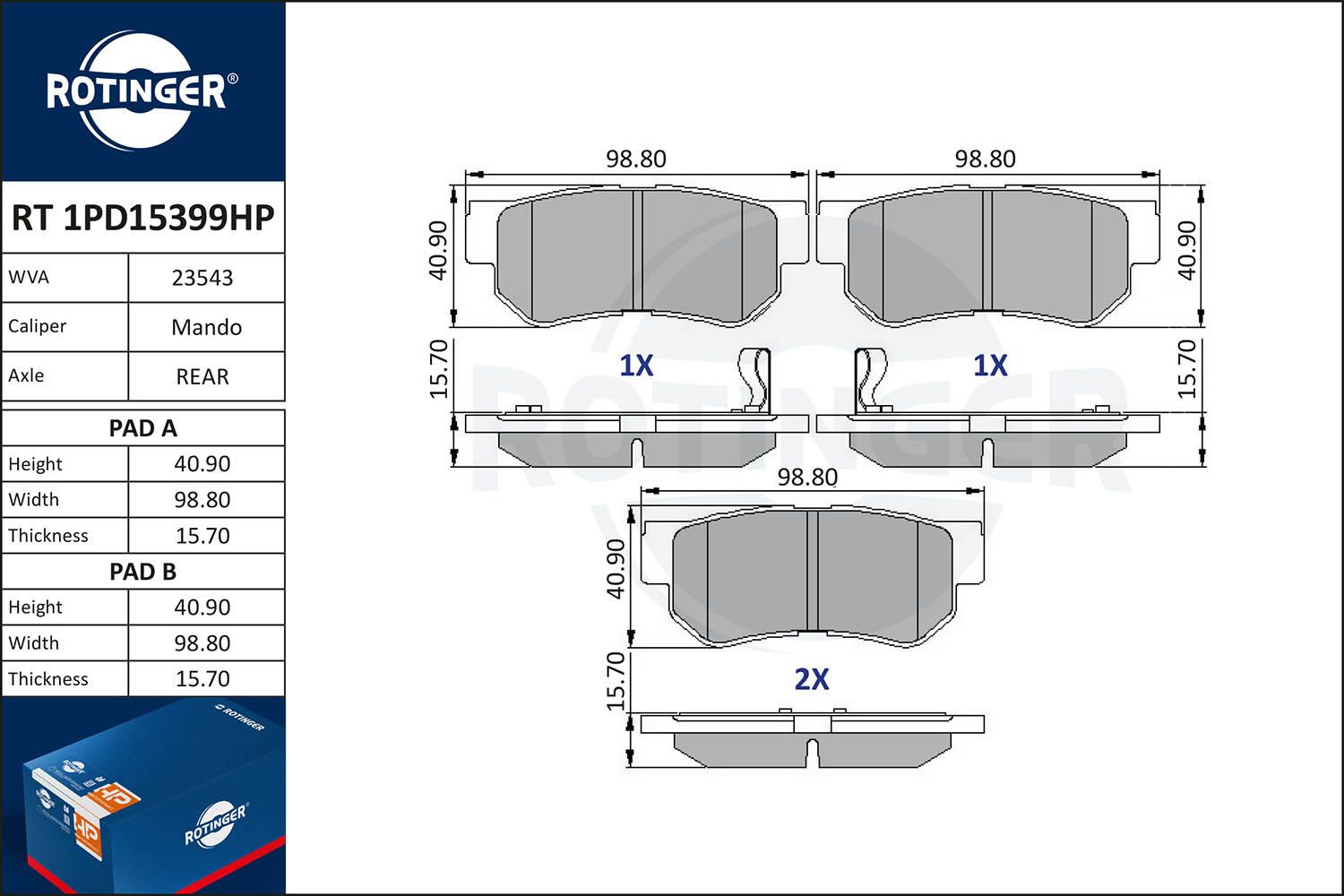 Zestaw klocków hamulcowych, hamulce tarczowe ROTINGER RT1PD15399HP