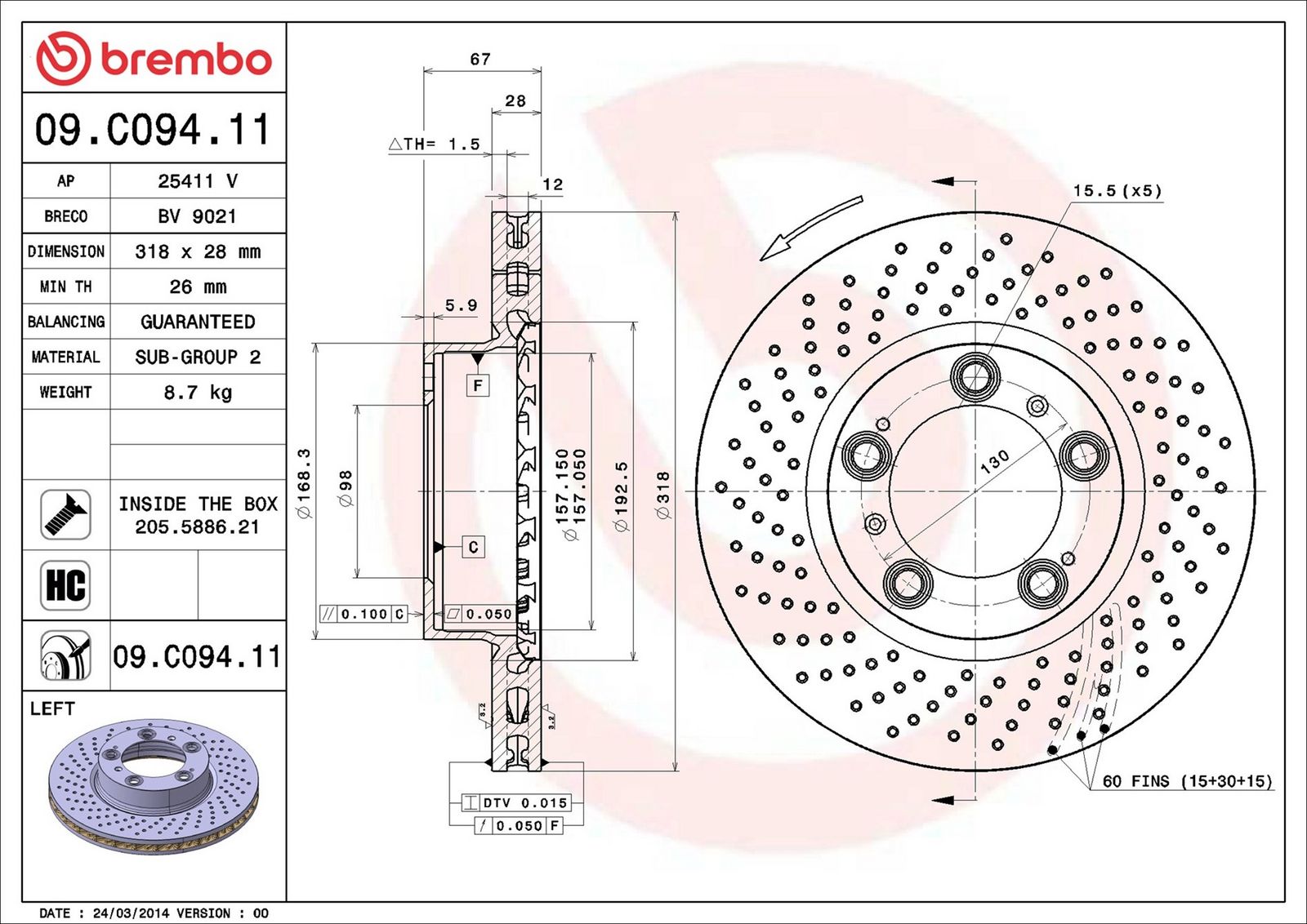 Disc frana BREMBO PRIME LINE - UV Coated 09.C094.11
