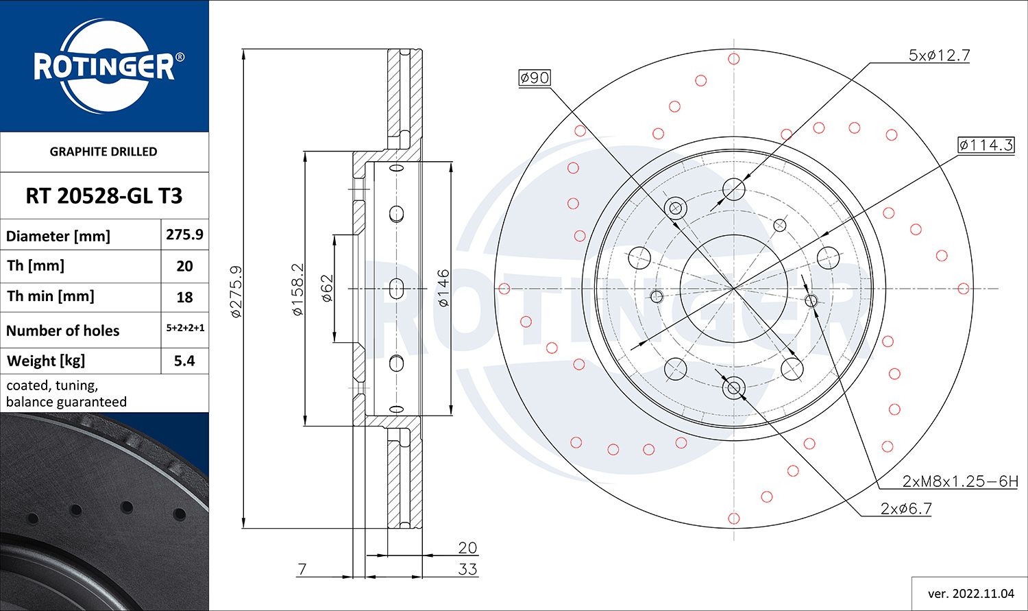 Disc frana ROTINGER GRAPHITE DRILLED RT 20528-GL T3