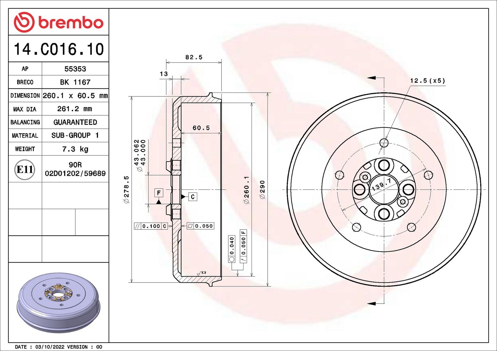 Levně Brzdový buben BREMBO 14.C016.10
