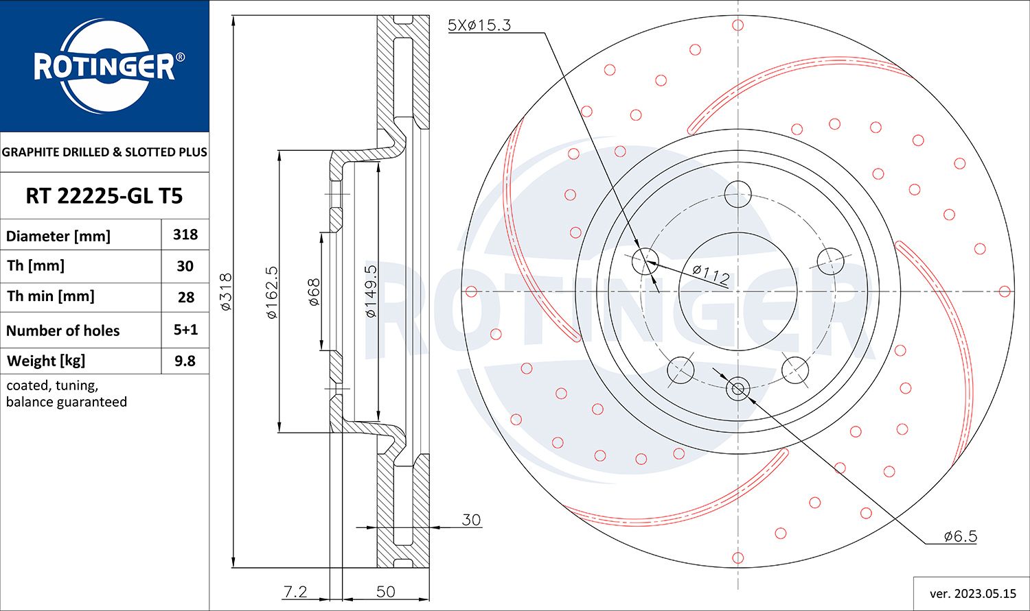 Disc frana ROTINGER GRAPHITE DRILLED & SLOTTED PLUS RT 22225-GL T5