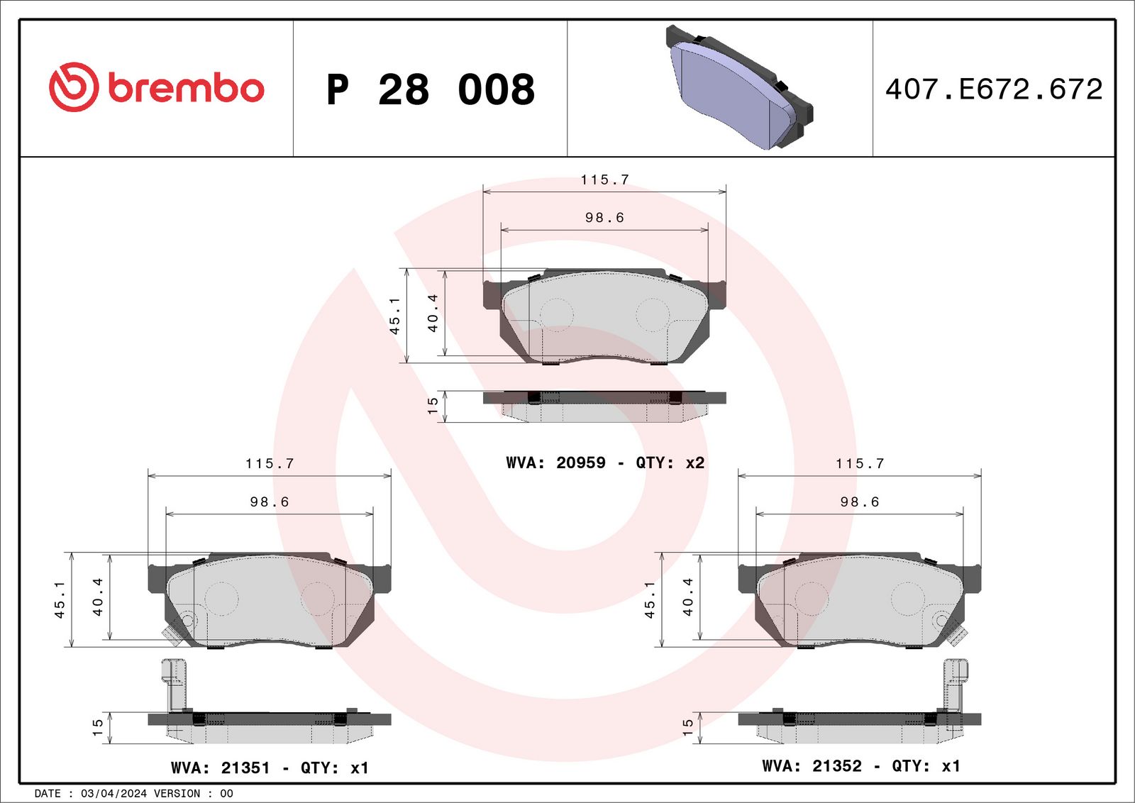 Sada brzdových destiček, kotoučová brzda BREMBO P 28 008