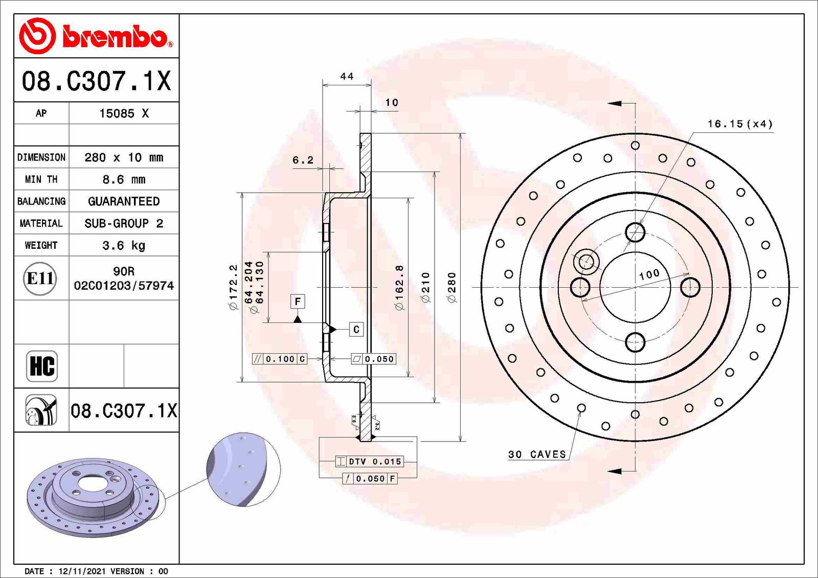 Brzdový kotúč BREMBO 08.C307.1X