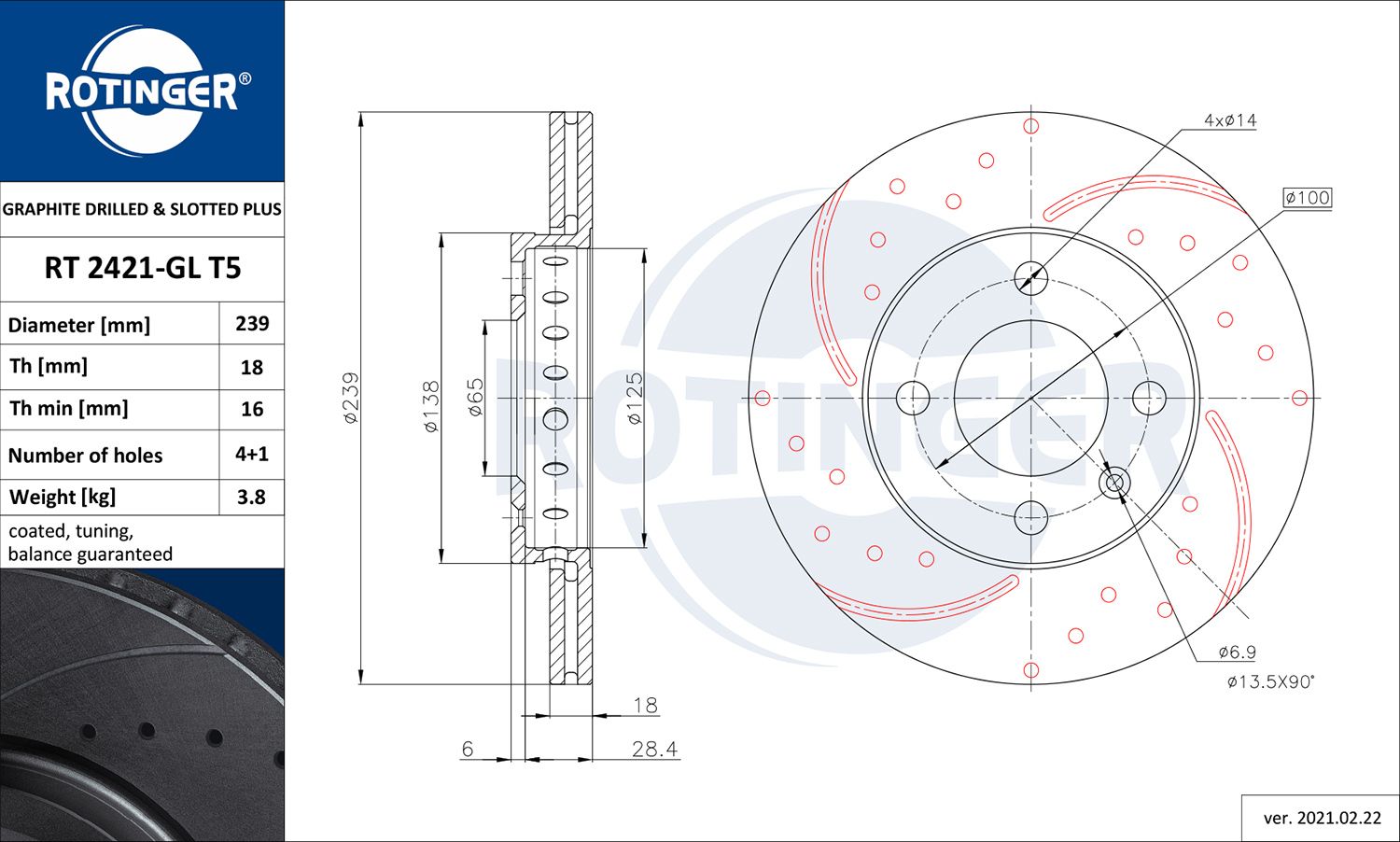 Disc frana ROTINGER GRAPHITE DRILLED & SLOTTED PLUS RT 2421-GL T5
