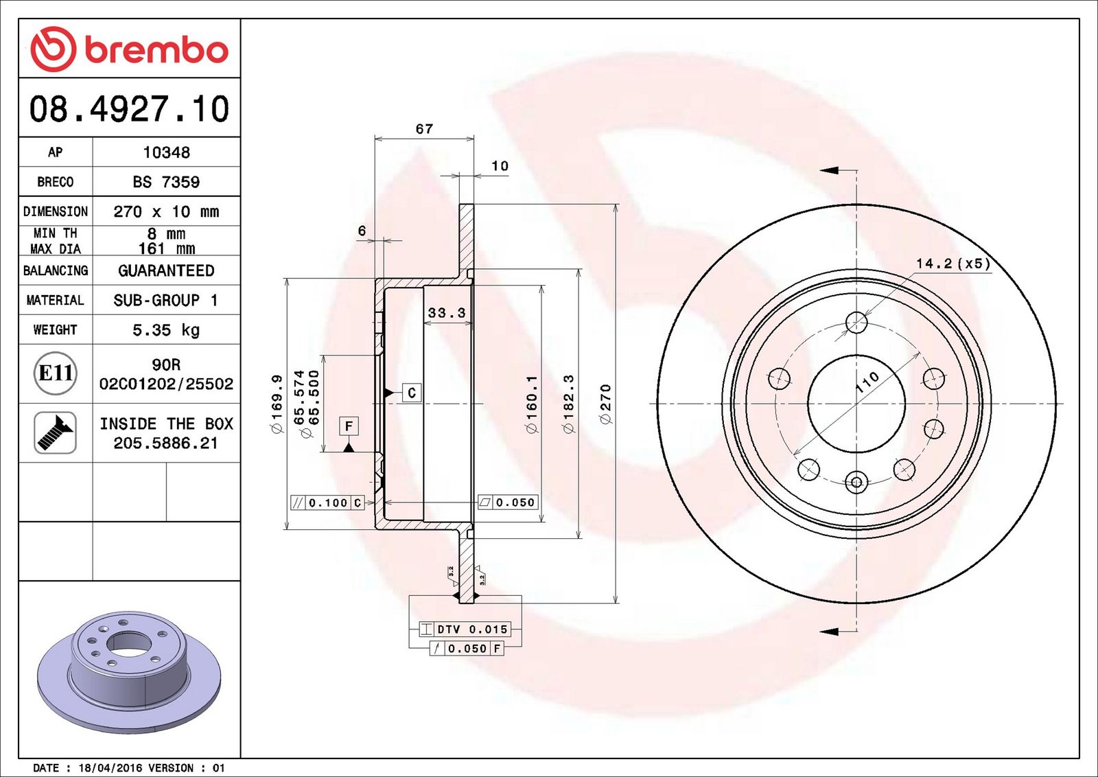 Levně Brzdový kotouč BREMBO 08.4927.10