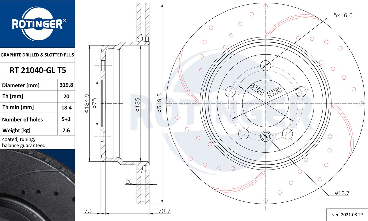 Disc frana ROTINGER GRAPHITE DRILLED & SLOTTED PLUS RT 21040-GL T5