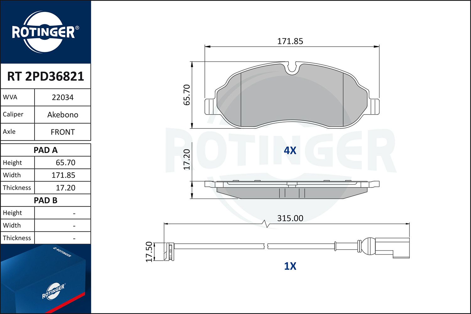 Zestaw klocków hamulcowych, hamulce tarczowe ROTINGER RT 2PD36821