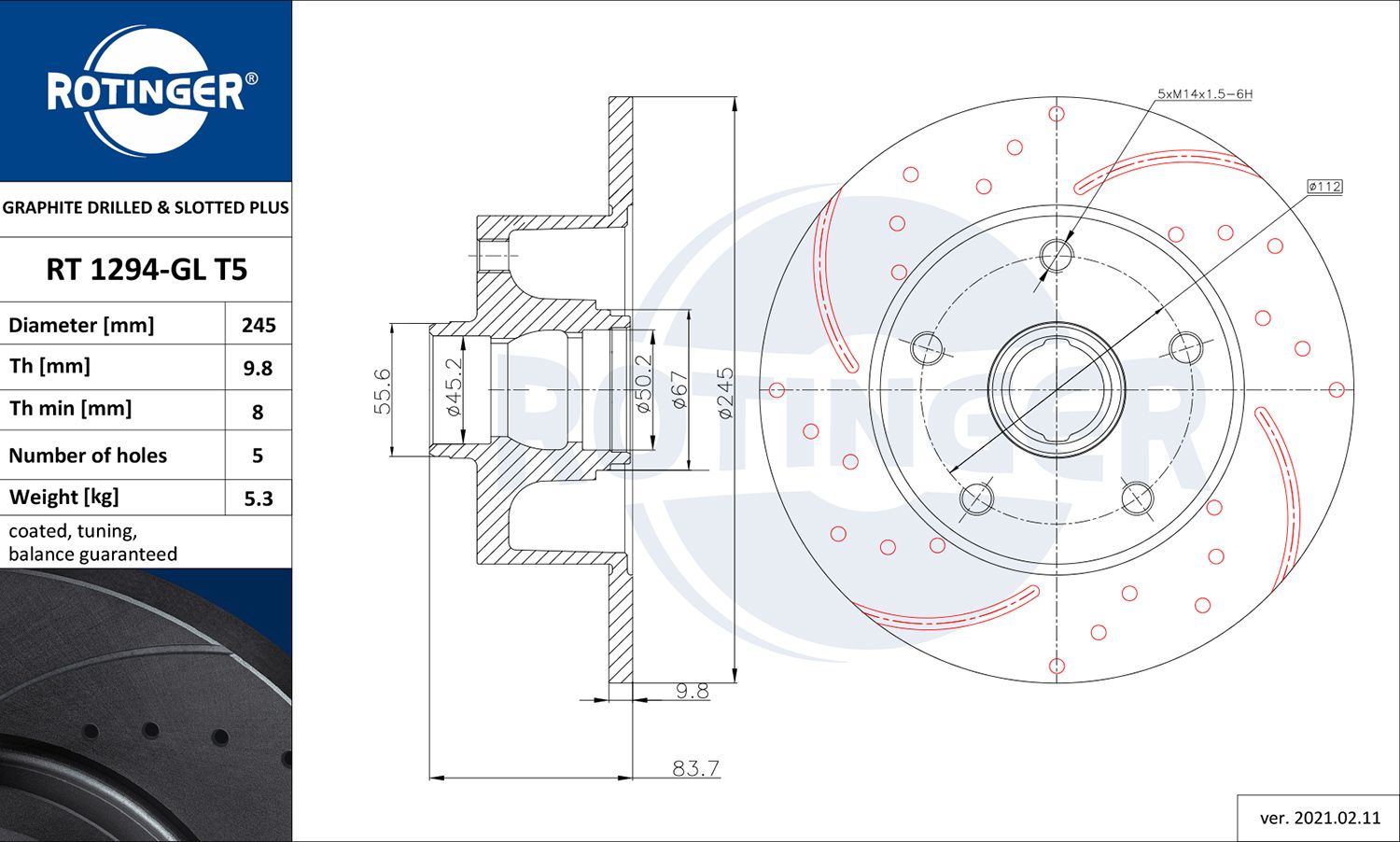 Disc frana ROTINGER GRAPHITE DRILLED & SLOTTED PLUS RT 1294-GL T5